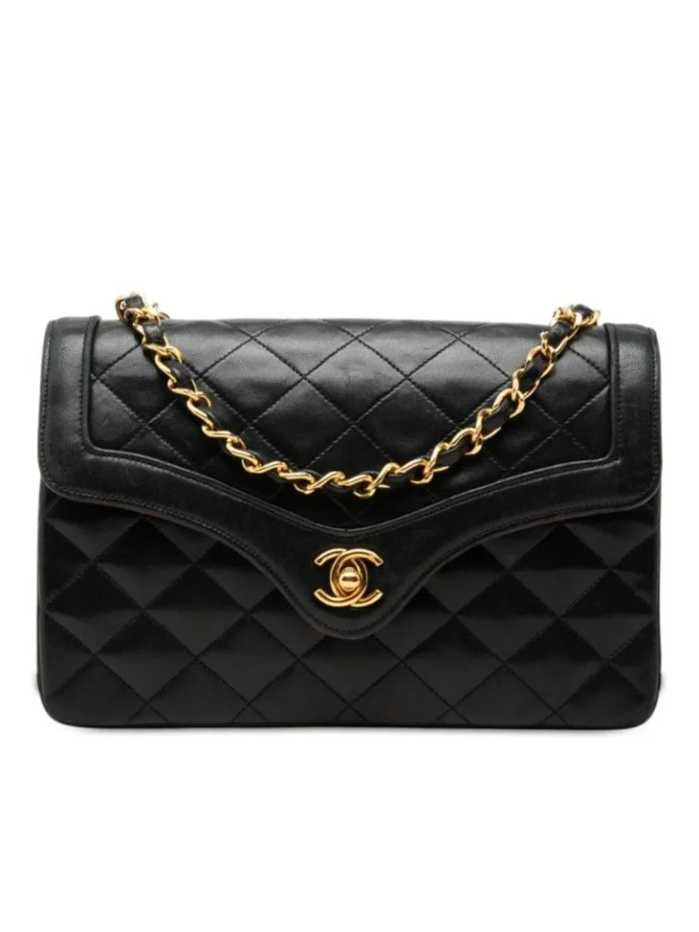 Chanel CC Logo Quilted Chain Shoulder Bag Black Gold Lambskin